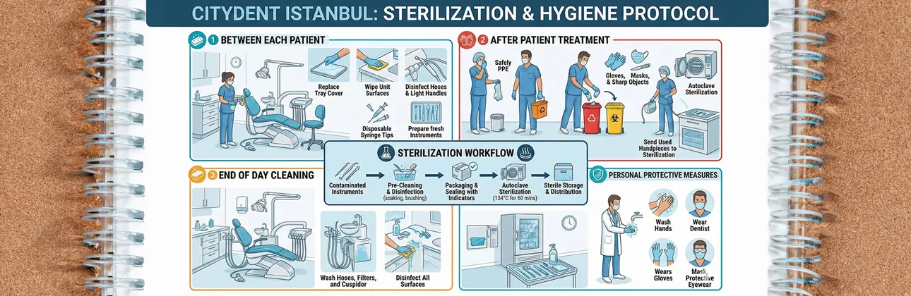 CityDent İstanbul kliniğinde sterilizasyon ve hijyen protokolünü uygulayan diş hekimliği ekibi