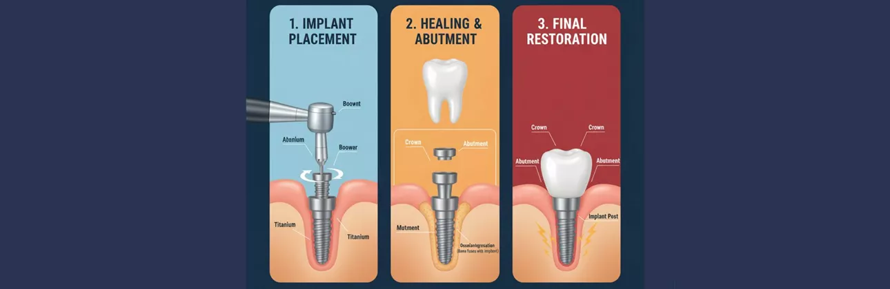 Çene kemiğine yerleştirilmiş diş implantının vida, abutment ve kron parçalarını gösteren çizim